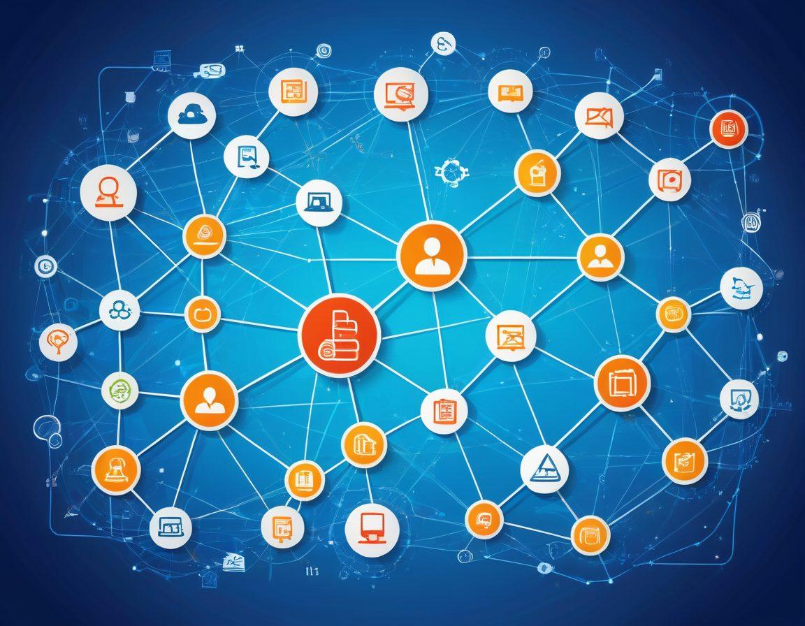 An intricate, dynamic web of interconnected nodes and lines representing the internet, with icons for different web services such as e-commerce, SEO, and web design nestled within. In the foreground, a team of diverse professionals collaborating over blueprints and digital interfaces. The ambiance should convey innovation, teamwork, and technology. vector art. vibrant colors.