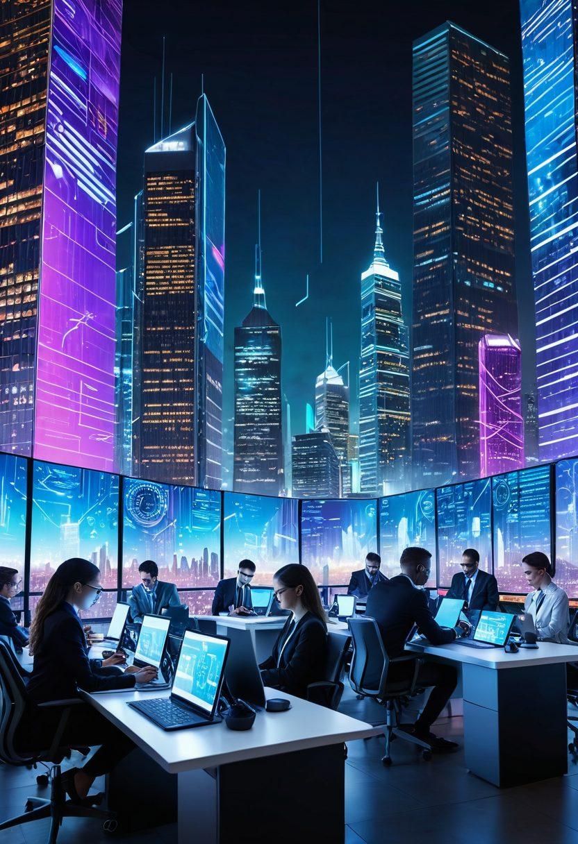 A futuristic cityscape intertwined with digital elements like coding symbols, data streams, and interconnected nodes, symbolizing various web services. At the forefront, a diverse team of professionals working collaboratively on tablets and computers, reflecting modern enterprises. The background showcases skyscrapers with holographic billboards displaying successful projects. super-realistic. vibrant colors. high-tech. energetic vibe.